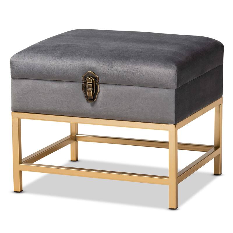 Aliana Glam and Luxe Velvet and Gold Metal Small Storage Ottoman