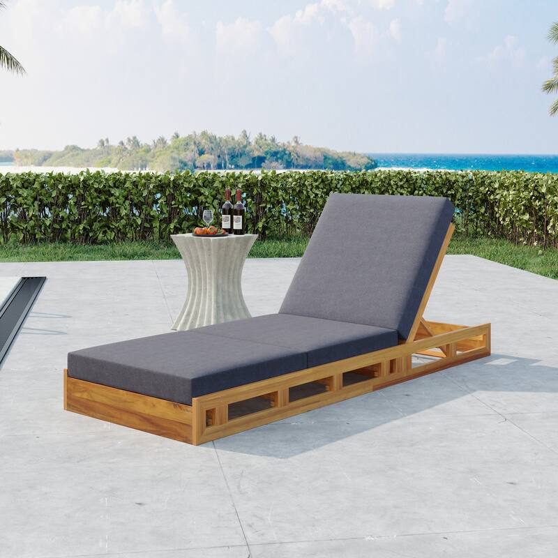 Roomfitters Outdoor Acacia Wood Chaise Lounge with Dark Grey Triple-Fold Cushions Teak Finish