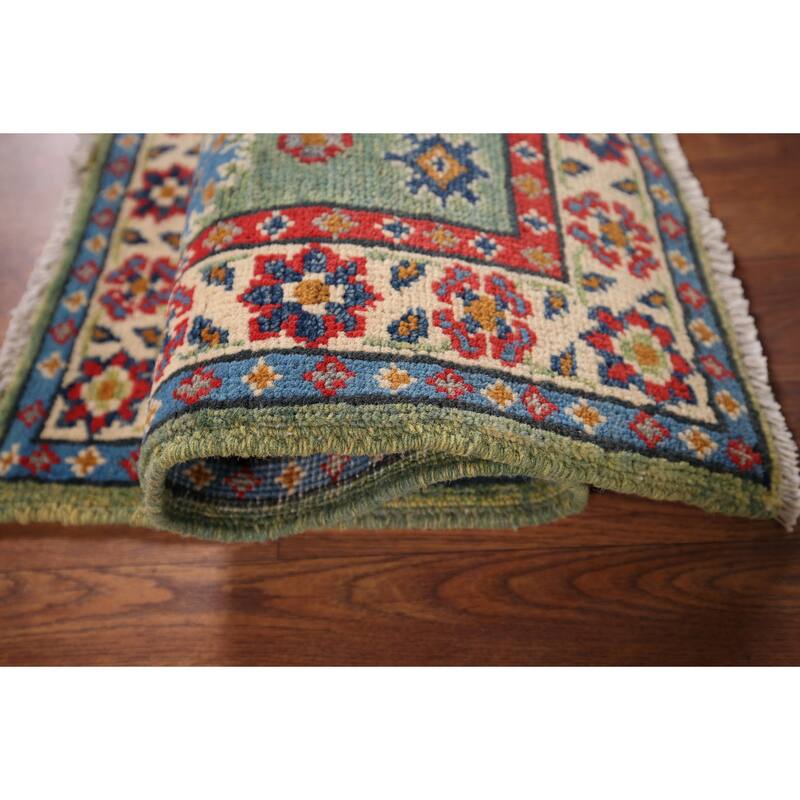 Green Geometric Kazak Oriental Foyer Rug Handmade Wool Carpet - 2'1" x 2'11"