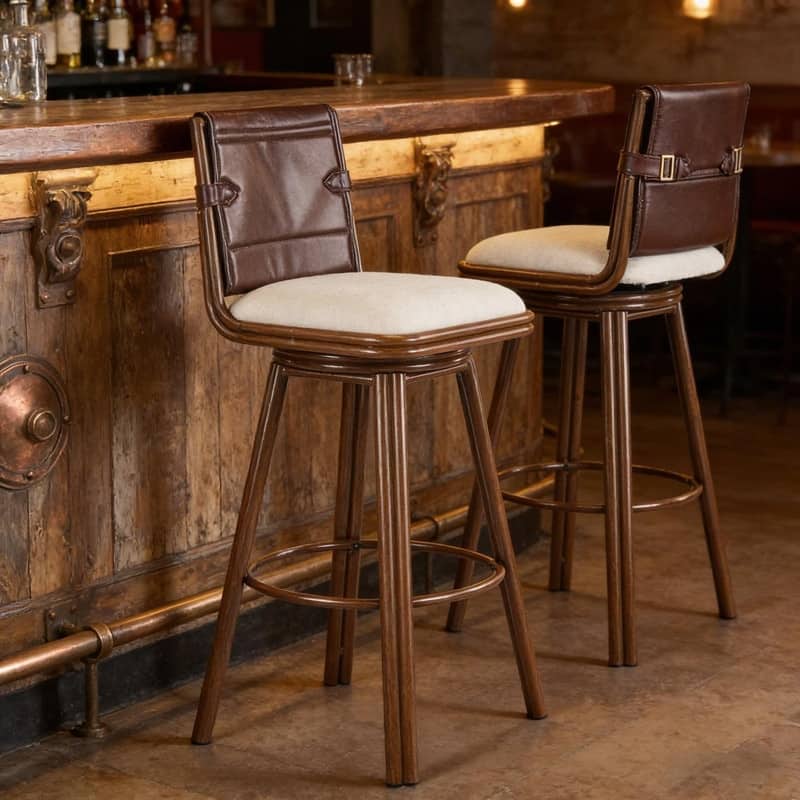 Sibyl Upholstered Swivel Bar Stool Set of 2, Walnut Metal Frame, Beige