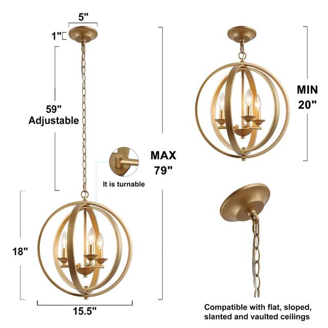 Rella Modern Gold Chandelier Candle Lights Turnable Globe Circles Cage Ceiling Light Dimmable