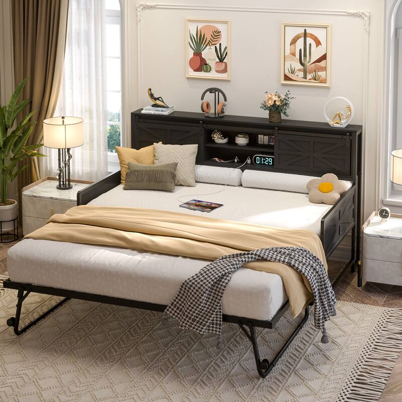 Farmhouse Twin Daybed with Pop-up Trundle Bed and Charging Station，Sofa Bed Frame with Bookcase Headboard with 2 Sliding Doors