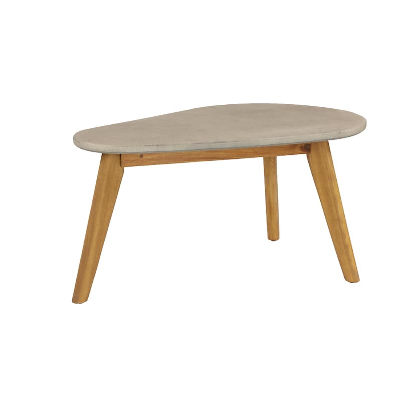 Gray Concrete Inspired Oval End Table Outdoor Accent Table with Brown Tapered Wood Legs
