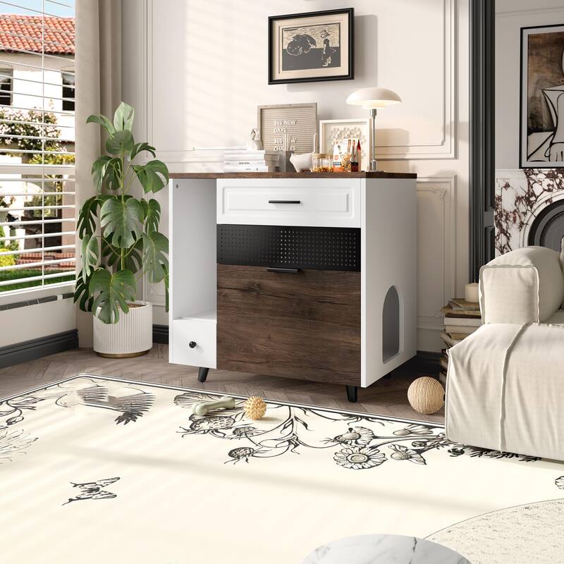 Cat Litter Box Enclosure, Indoor Hidden Cat Litter Box Furniture with 2 Drawers and Door, Cat House End Table for Living room - Brown+White