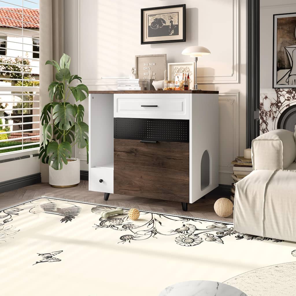 Indoor Hidden Cat Litter Box Enclosure Furniture with 2 Drawers & Door - Cat House End Table, White and Brown