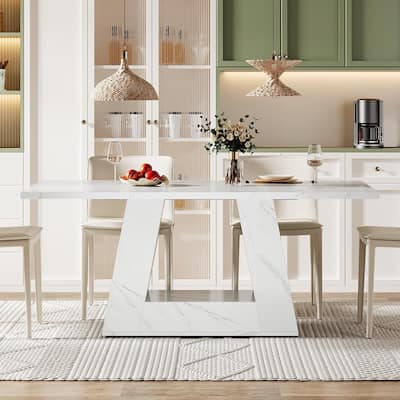 63" Modern Rectangular Dining Table for 4 to 6 People, White Faux Marble Kitchen Table