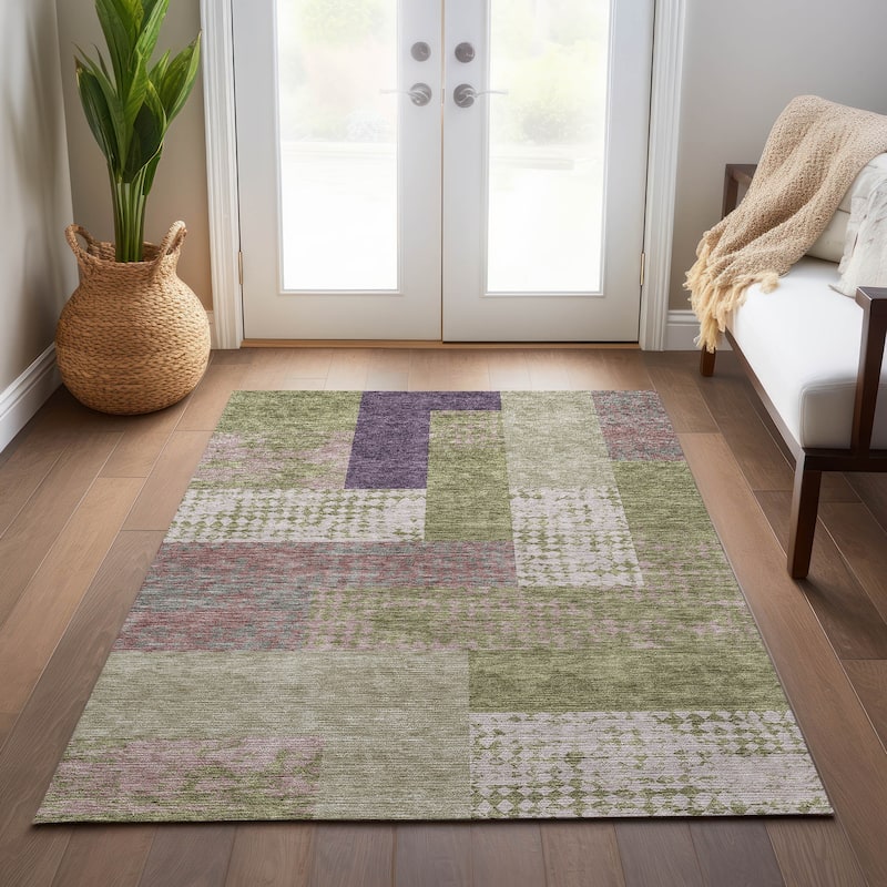 Machine Washable Indoor/ Outdoor Modern Blocks Chantille Rug