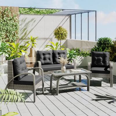 Patio 4-Piece Sectional Rattan Sofa Set, All-Weather PE Wicker Conversation Set with Tempered Glass Storage Tea Table