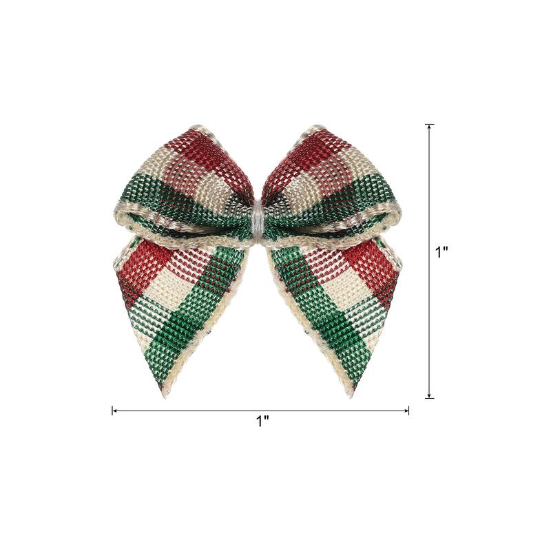 80Pcs Mini Gingham Ribbon Bow 1" Checkered Ribbon Bows - Dark Red Green Cream