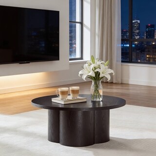 Modern Black Round Coffee Table Wood Grain Accent Table for Living Room ...