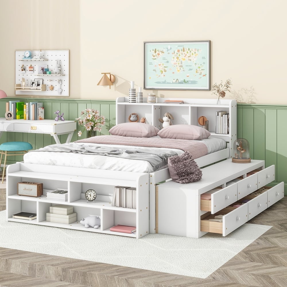 Full Size Platform Bed with Bookcase Headboard, 6 Pull-out Storage Drawers, 5 Bedend Storage Cabinets, Storage Captains Bed