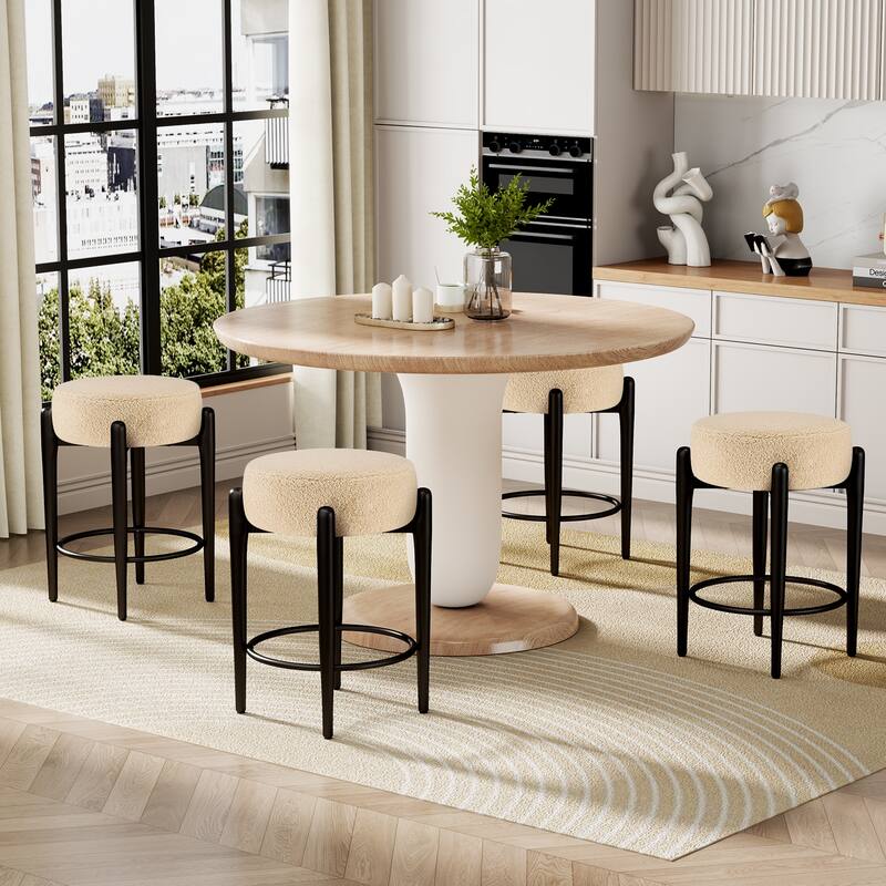 Mid-Century Modern Chair Set of 4 - 23.6" Backless Kitchen Stools with Beige Boucle Upholstery & Sturdy Metal Base