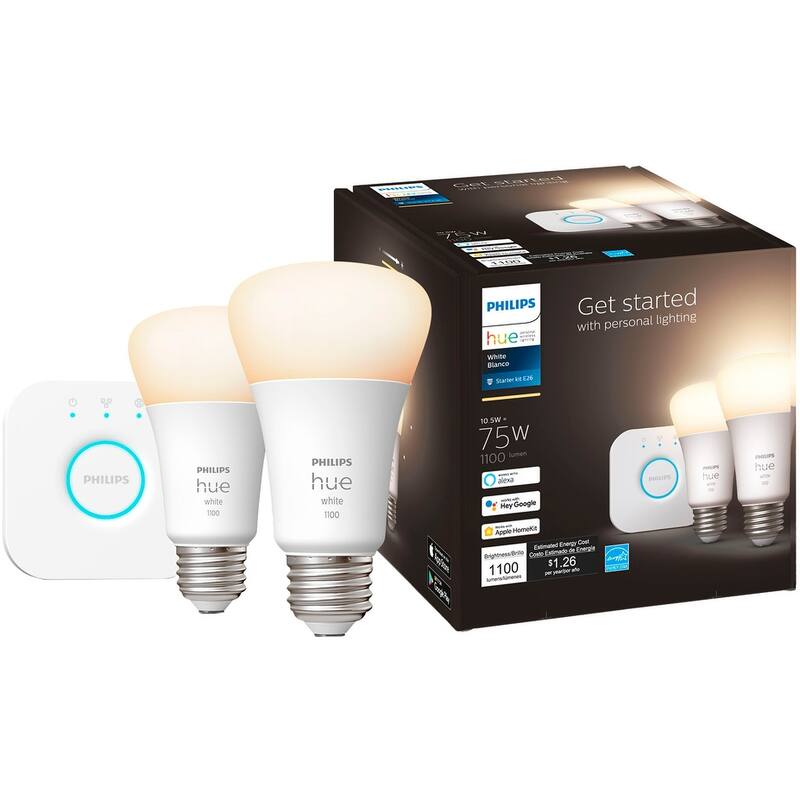 Philips Hue White A19 Bluetooth 75W Smart LED Starter Kit, White