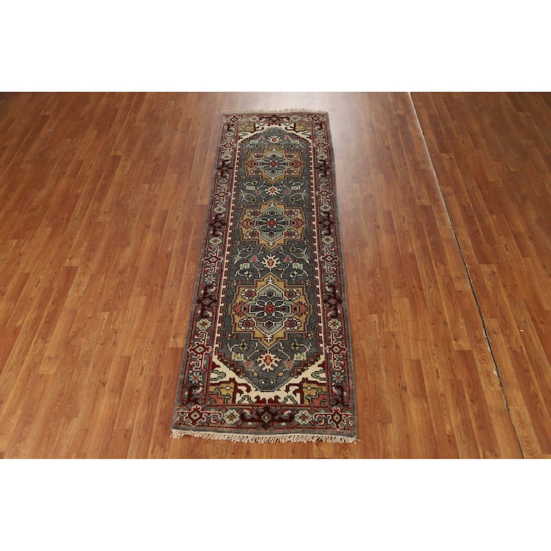 Hand Knotted Oriental 100% Wool Carpet Traditional Geometric Greys & Charcoal Heriz (serapi) Runner Rug - 7' 11'' X 2' 7''