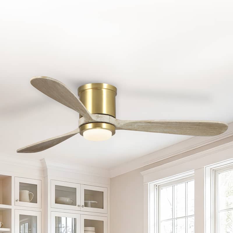 52" Solid Wood 3-Blade Gold Flush Mount Ceiling Fan with Light and Remote