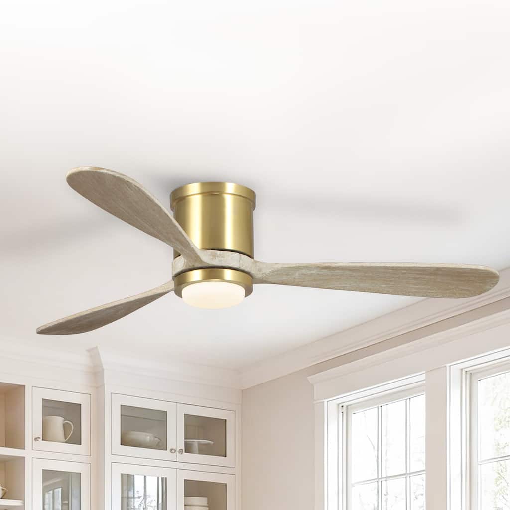 52" Solid Wood 3-Blade Gold Flush Mount Ceiling Fan with Light and Remote