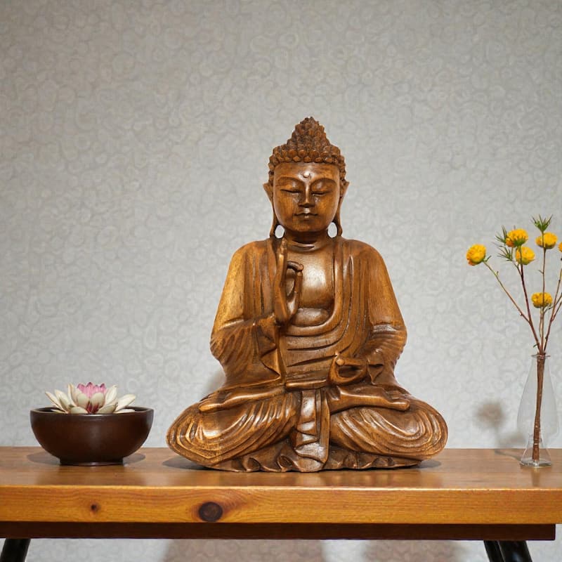 Wooden Serene Sitting Buddha "Vitarka Mudra" Statue Handmade Meditating Sculpture Figurine Home Decor Accent Handcrafted Art