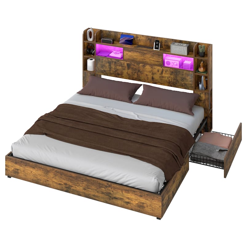 Queen/King Size LED Bed Frame with Bookcase Headboard, 4 Storage Drawers and Charging Station