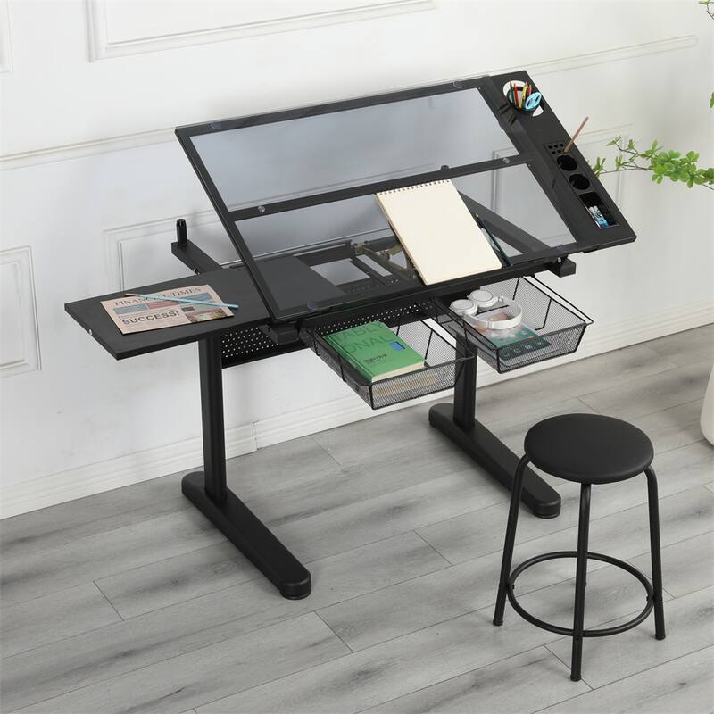 Adjustable Drawing Desk with 2 Metal Drawers and Stool