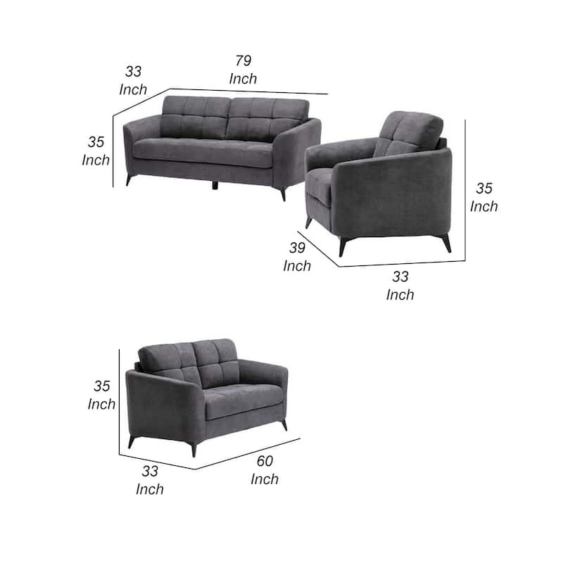 Odin 3 Piece Sofa Set with Loveseat and Chair, Tufted Cushions, Gray Velvet