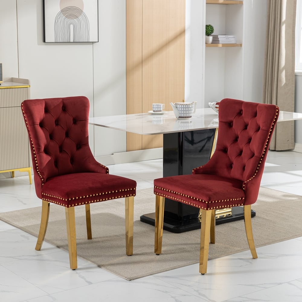 Modern High-end Tufted Dining Chair w/ Velvet Upholstered & Golden Stainless Steel Plating Legs Set of 2