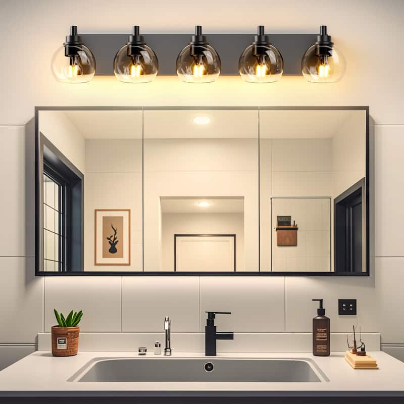Bathroom Light Fixtures Over Mirror 5-Lights Bathroom Vanity Light with Clear Globe Glass Shade Modern Black Vanity Light