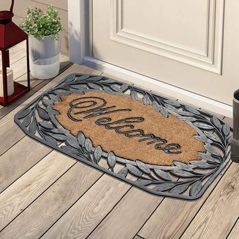 A1HC Welcome Stylish Leaf Border Rubber and Coir Large Heavy-Duty Outdoor Doormat, Black - 23"X38"