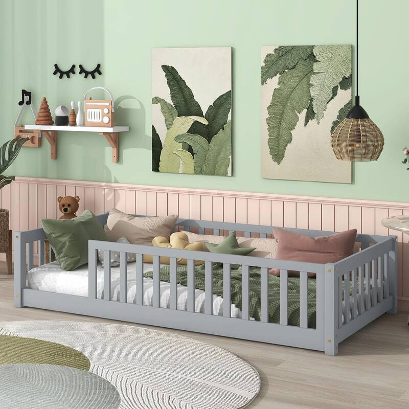 Twin Size Floor Bed with Fence without Door, Rubber Wood Floor Bed with Safety Guardrails