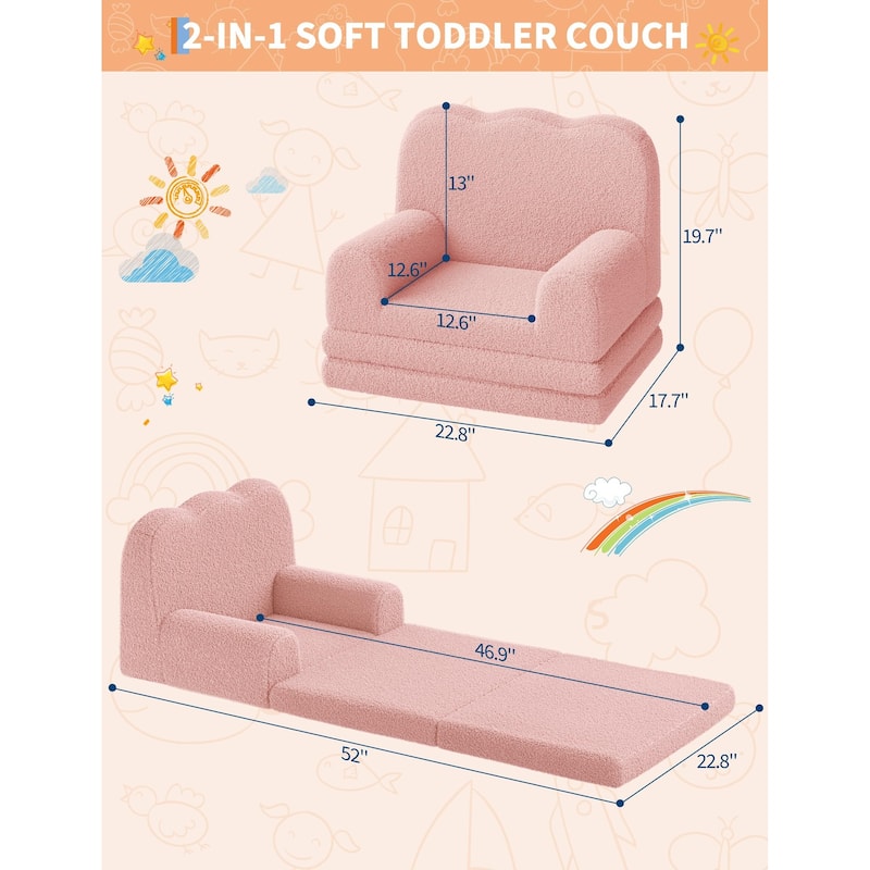 Kids Couch, 2-in-1 Convertible Teddy Fleece Fabric Toddler Sofa Chair