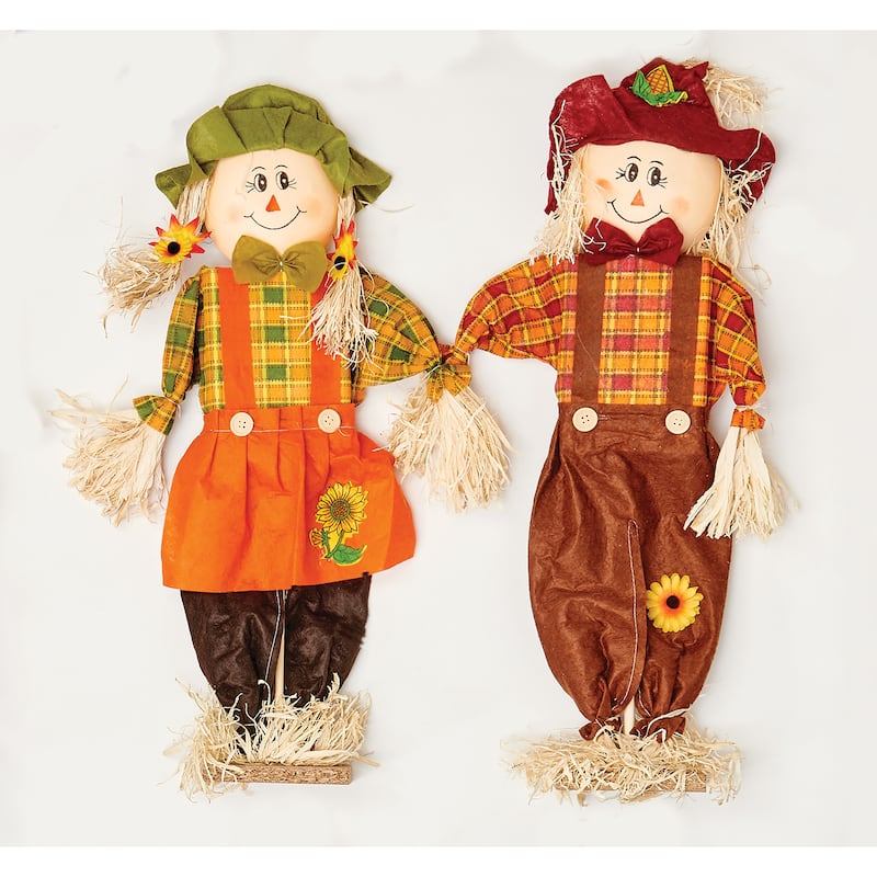 24" Standing Harvest Scarecrow Boy And Girl, Set of 2