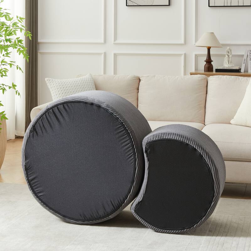Nesting Tables Set of 2, Corduroy Upholstered Round Coffee Table and Crescent Moon Side Table Set of 2, End Tables Ottomans