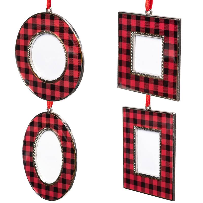 Buffalo Plaid Photo Frame Christmas Ornaments - 3.5" - Set of 4