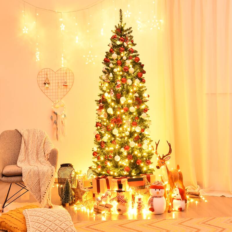 Costway 5/6/7 Ft Pre-lit Artificial Pencil Christmas Tree Hinged Fir