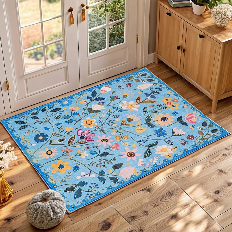 Nature Floral Non-Slip Machine Washable Colorful Modern Area Rug - Rectangle 2' x 3' - Blue
