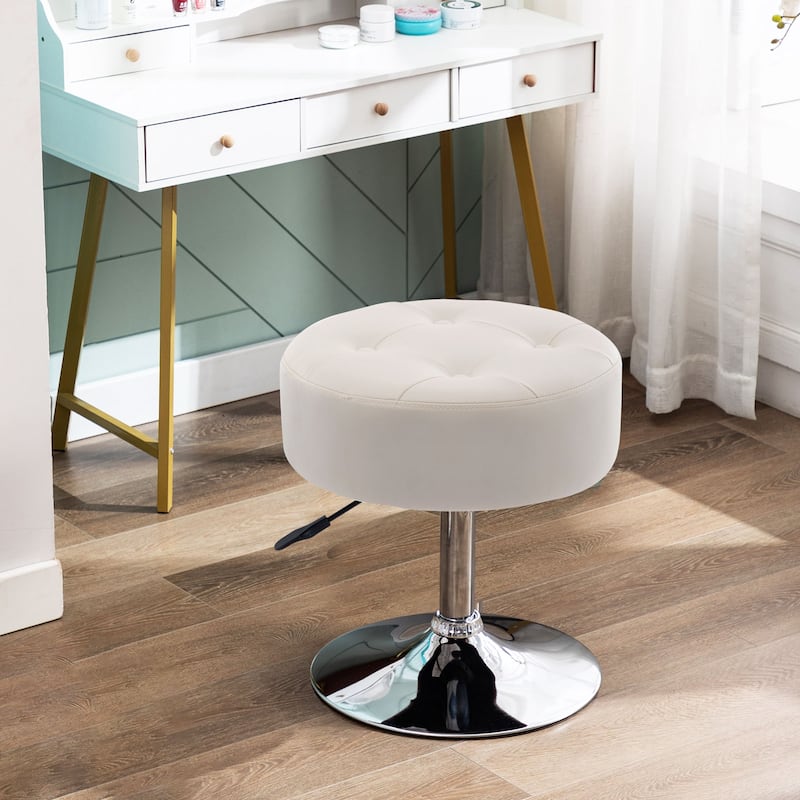 Adjustable Height Round Ottoman Swivel Vanity Stool - PU Leather-White