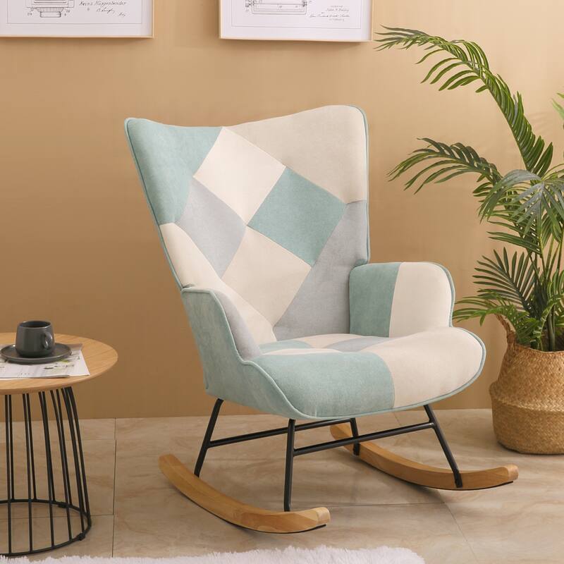 Mid Century Fabric Rocker Chair with Wood Legs and Patchwork Linen - Blue