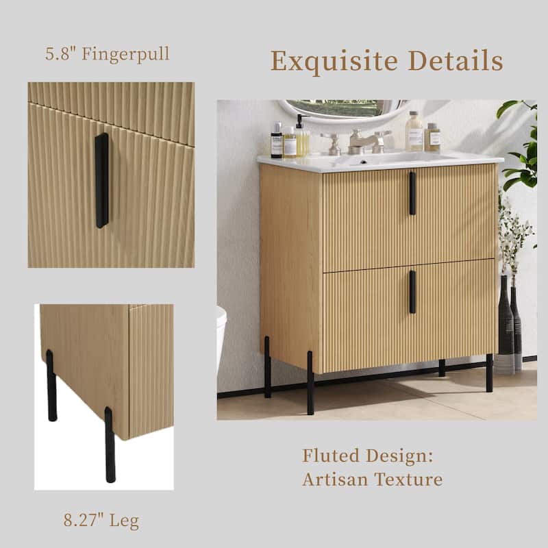 30" Bathroom Vanity with Ceramic Sink, Full-Extension Drawers, Soft-Close Undermount Slides and Fluted Design