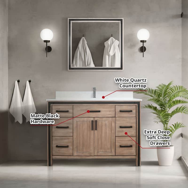 Ziva 48 in W x 22 in D White Bath Vanity, White Quartz Top and 34 in Mirror