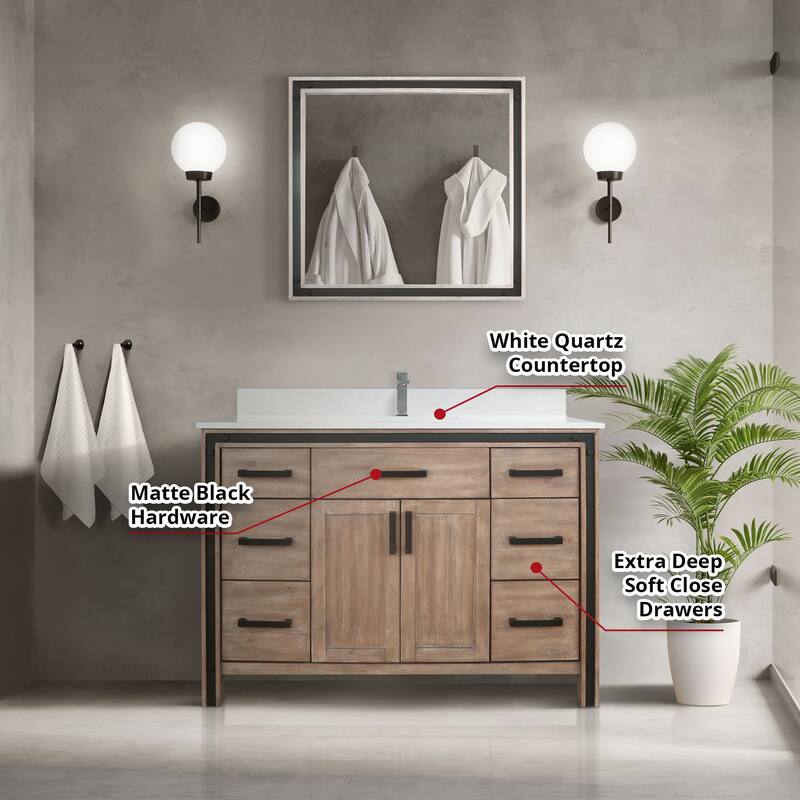 Ziva Bath Vanity, White Quartz Top and Mirrors