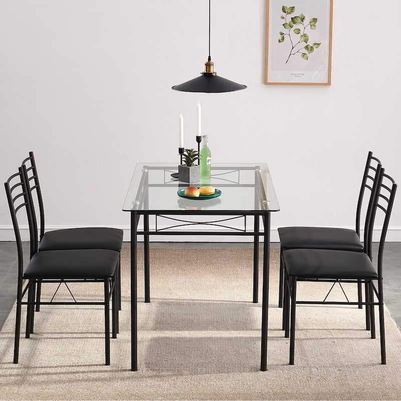 5-pieces Modern Dining Sets,Tempered Glass Table Top and 4 PU Chairs - Black