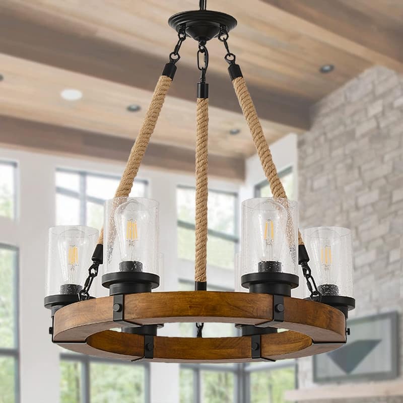 Farmhouse 6-Light Wagon Wheel Wood Chandelier for Dining Room - 25in*25in*27in