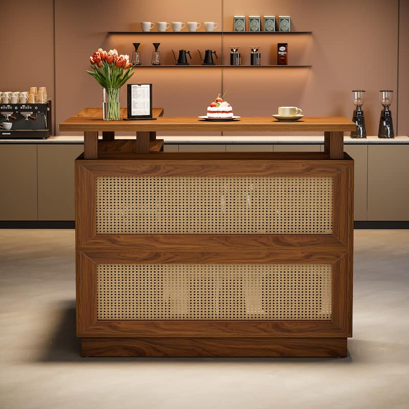 Rattan L Shaped Bar Table with 4-Tier Storage Shelf