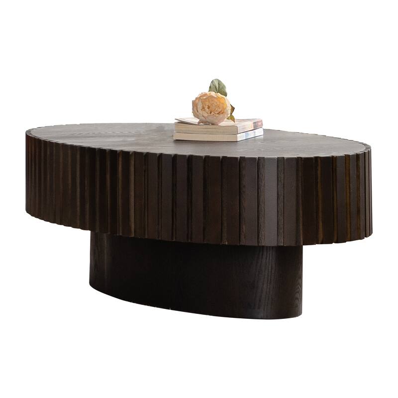 Modern Oval Coffee Table Stylish Coffee Table Olive Shaped Coffee Table with Handmade Relief and Base, for Living Room
