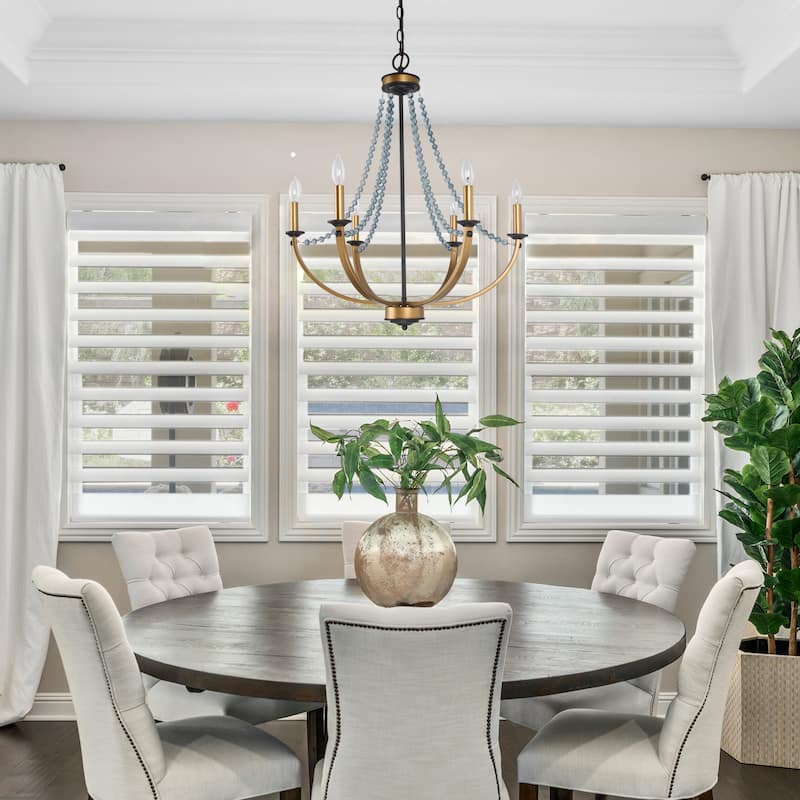 Mid-century Modern 6-Light Empire French Country Boho Dining Room Chandelier with Crystal Beads - D25" x H28.5"