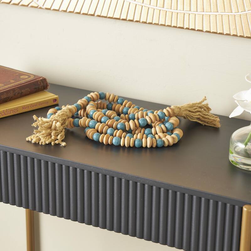 Mango Wood Handmade Round Long Carved Beaded Garland with Tassel with Brown Beaded Disks - Teal - Roche River Decor