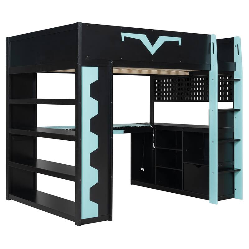 Full Size Gaming Loft Bed with Desk & RGB LED Lights, Pro-Gamer Setup with Pegboard, Keyboard Tray & Storage