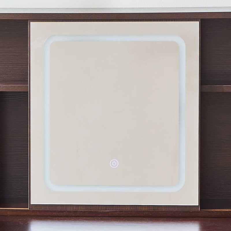 Mid-Century Modern Makeup Vanity Desk Set Includes Dressing Table & Stool, Sliding Makeup Mirror with 3-Color LED Light, Walnut