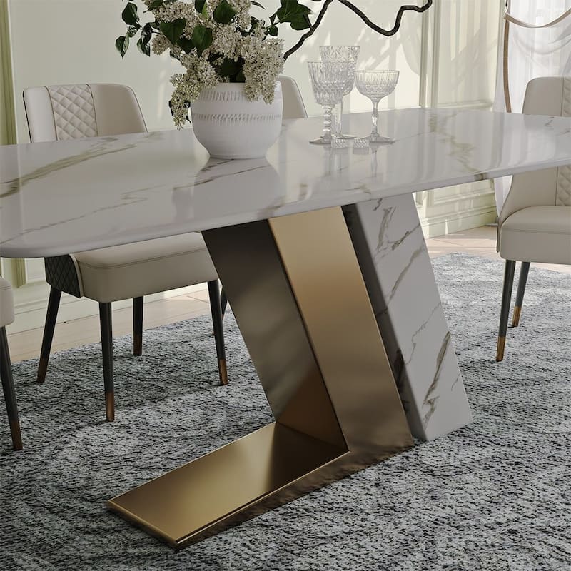Modern and Luxury White Dining Table, with Rectangular Sintered Stone Tabletop Z-shaped Stainless Steel Base