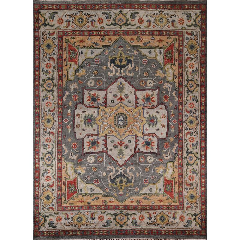 Geometric Heriz Serapi Area Rug Hand-Knotted Grey Wool Carpet - 7'11"x 10'1"