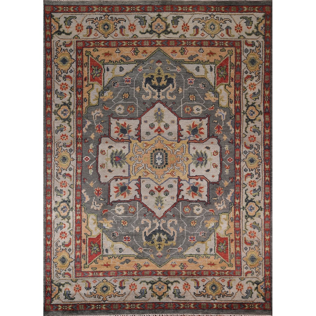 Geometric Heriz Serapi Area Rug Hand-Knotted Grey Wool Carpet - 7'11"x 10'1"